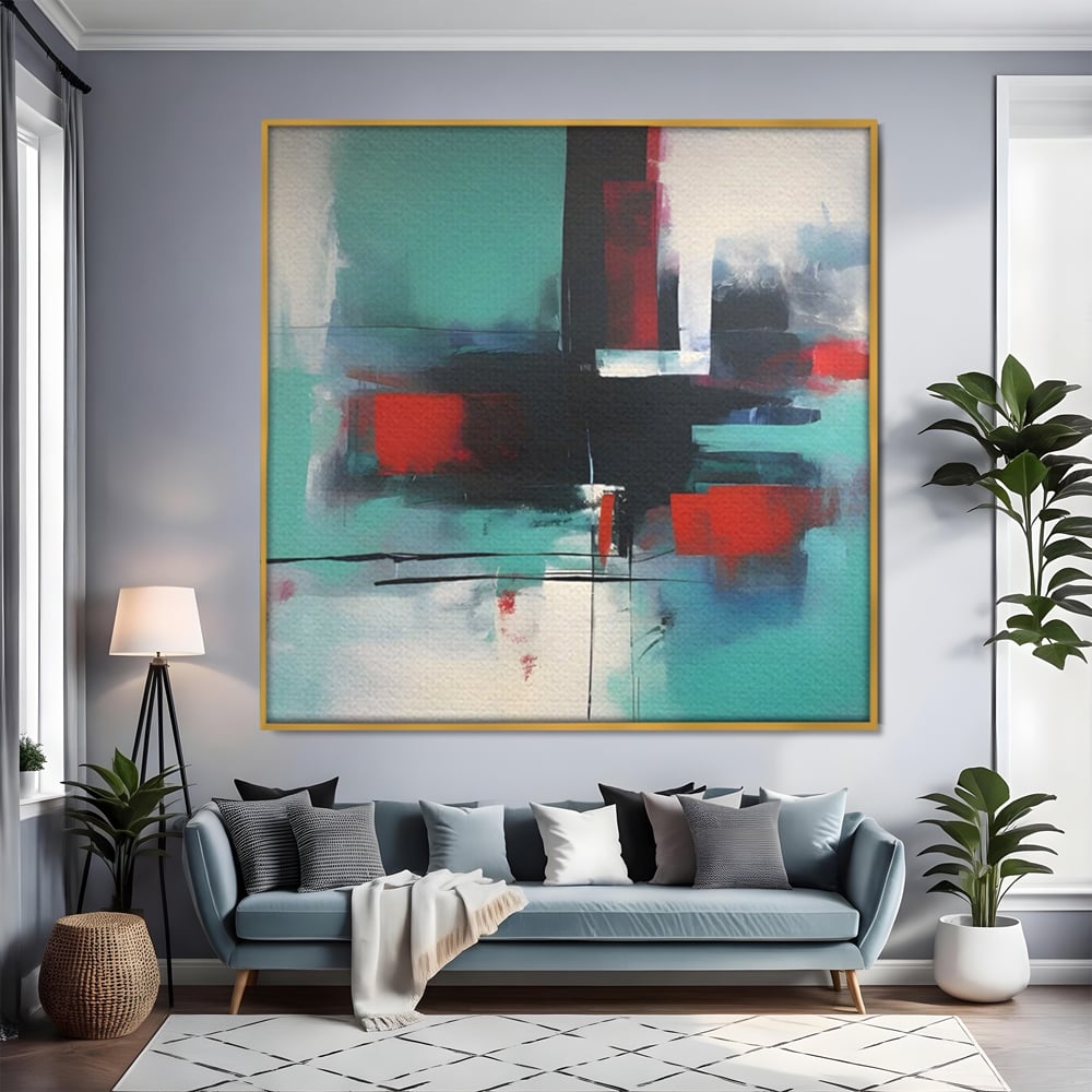 Tablou canvas cu pictura abstracta patrata cu pete rosii, in rama de aluminiu auriu, pe perete intr-un living